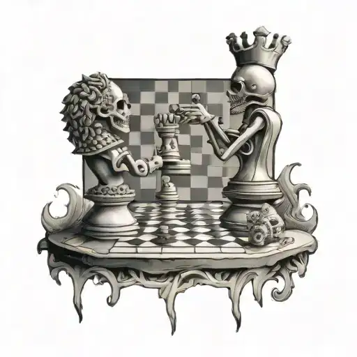 chess pieces on board 2 skeletons playing  tattoo design idea