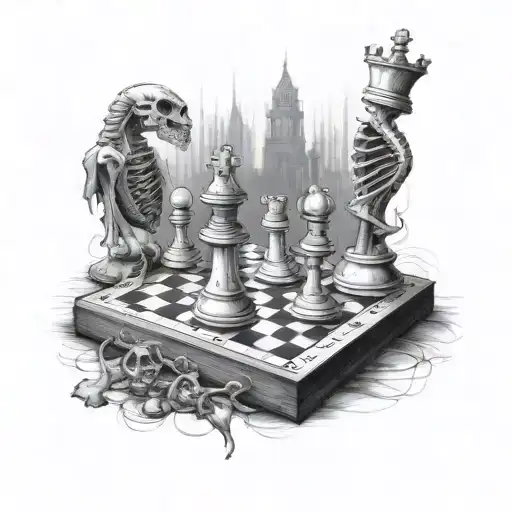 chess pieces on board 2 skeletons playing  tattoo design idea