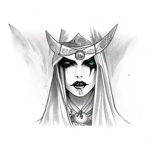 goth witch with white eyes in a tarot card  tattoo design idea