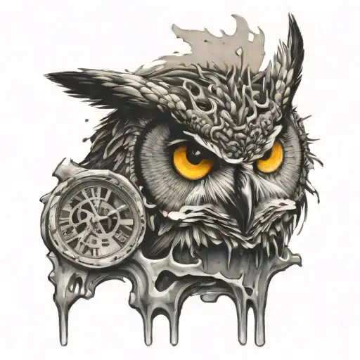 A distored, melted clocked with an owl's face right next to it the upper arm  tattoo design idea