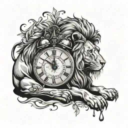 lion and clock melting tattoo design idea