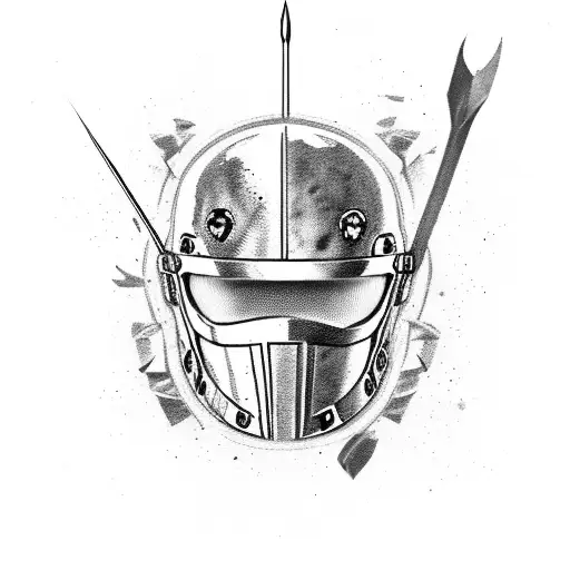 Broken and bloody spartan helmet with ultra realistic spartan spear and shield tattoo design idea