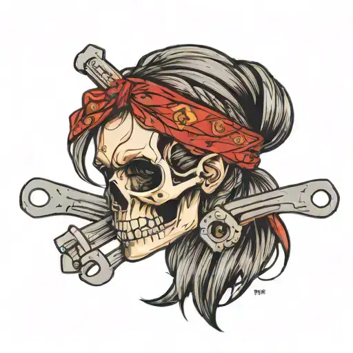 female skull holding wrenches with her hands, a messy bun, wearing a red bandana on her headed tied ot the top of her he tattoo design idea