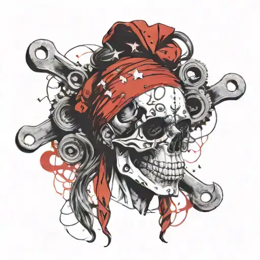 female skull holding wrenches with a messy bun tied up with a red bandana  tattoo design idea