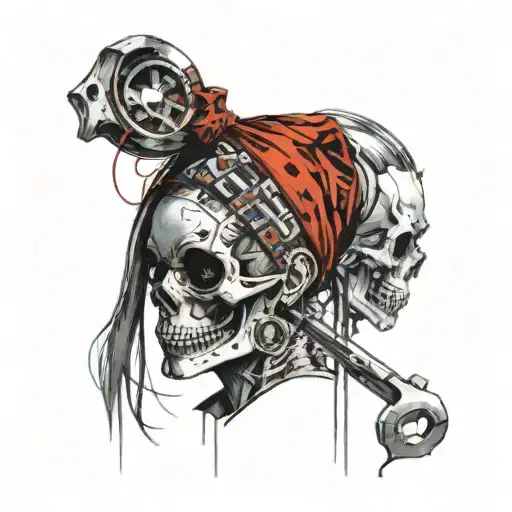 female skull holding wrenches with her hands, a messy bun, wearing a red bandana on her headed tied ot the top of her he tattoo design idea