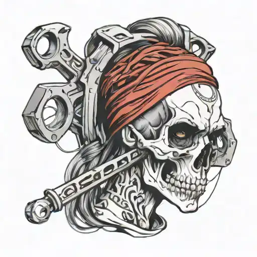 female skull holding wrenches with her hands, a messy bun, wearing a red bandana on her headed tied ot the top of her he tattoo design idea