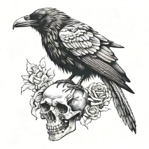 A black and white tattoo design of a realistic crow holding a skull in its claws, with red details. The crow should have tattoo design idea