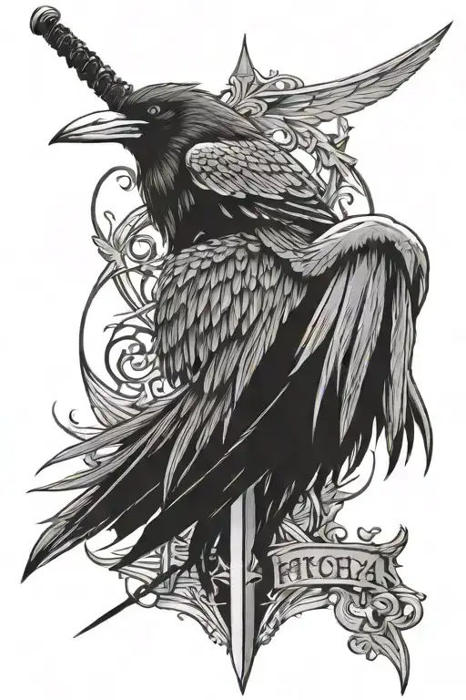 tattoo for the back with a long sword with spikes  and Crow winds on the sides with 2 words on the sides fuerza y honor tattoo design idea