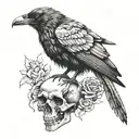 A black and white tattoo design of a realistic crow holding a skull in its claws, with red details. The crow should have tattoo design idea