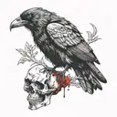 A black and white tattoo design of a realistic crow holding a skull in its claws, with red details. The crow should have tattoo design idea