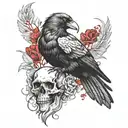 A black and white tattoo design of a realistic crow holding a skull in its claws, with red details. The crow should have tattoo design idea