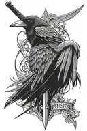 tattoo for the back with a long sword with spikes  and Crow winds on the sides with 2 words on the sides fuerza y honor tattoo design idea