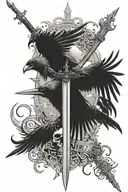 tattoo for the back with a long sword with spikes  and Crow winds on the sides with 2 words on the sides fuerza y honor tattoo design idea