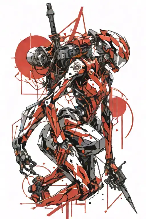 a girl in a tight-fitting suit with mechanical inserts, spear with two tips, anime Evangelion style, helmet,two ponytais tattoo design idea