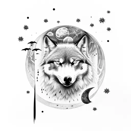 autumn landscape moon in the night sky wolf crow tattoo design idea