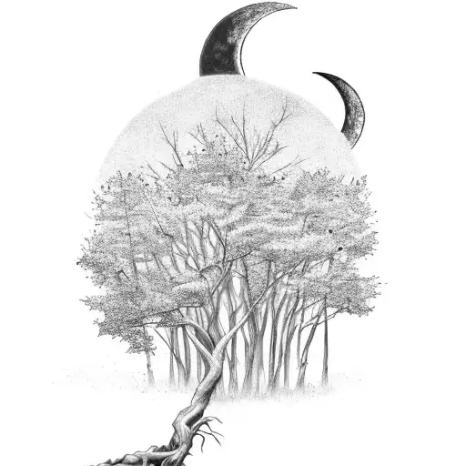 A serene autumn landscape with colorful fall leaves and a crescent moon in the night sky tattoo design idea