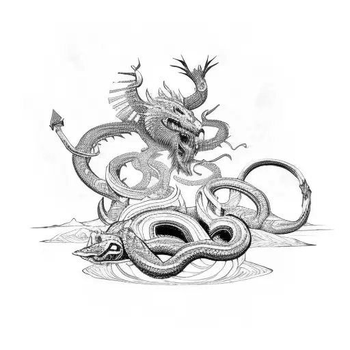 Norse mythology scene with Thor battling Jormungandr, the World Serpent tattoo design idea