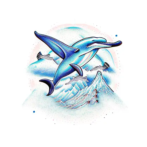 Full mural scene dolphin mountain eagle rainbox snow ski bike Calirado banner tattoo design idea