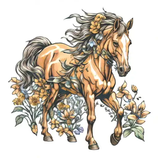 horse mother with her foal running wild flowers growing tattoo design idea