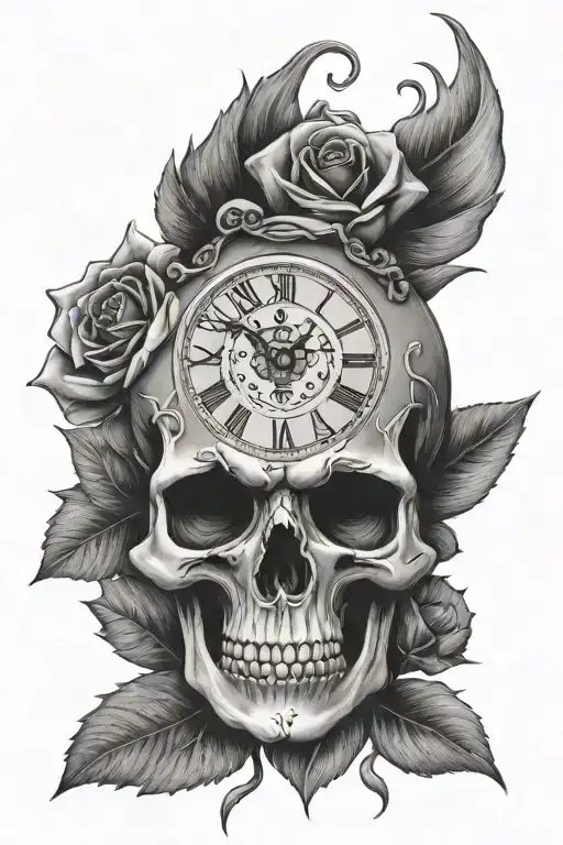 skull rose time piece tattoo design idea