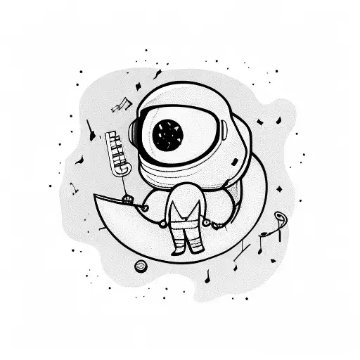 A sad and lonely astronaut floating in space, surrounded by musical notes tattoo design idea