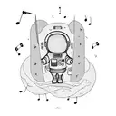 A sad and lonely astronaut floating in space, surrounded by musical notes tattoo design idea