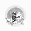 A sad and lonely astronaut floating in space, surrounded by musical notes tattoo design idea