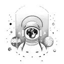 A sad and lonely astronaut floating in space, surrounded by musical notes tattoo design idea