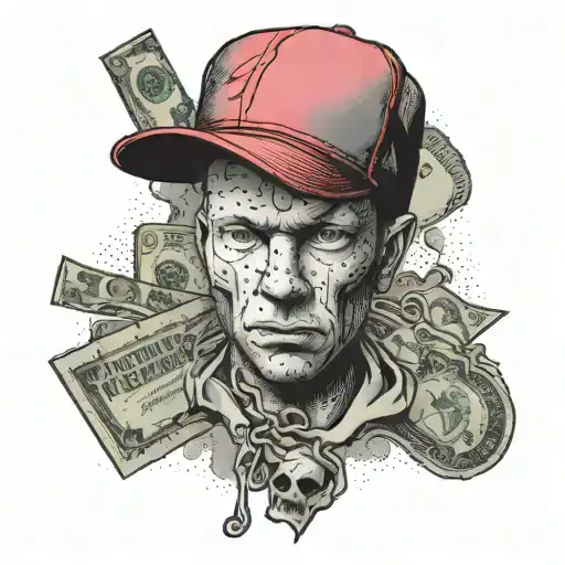 A unique tattoo featuring a red cap and a dollar bill intertwined with Limp Bizkit imagery tattoo design idea