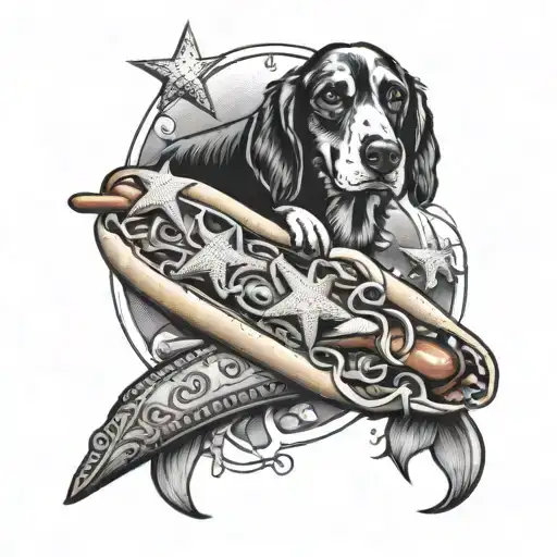 Hot dog with starfish and dollar bill elements intertwined tattoo design idea