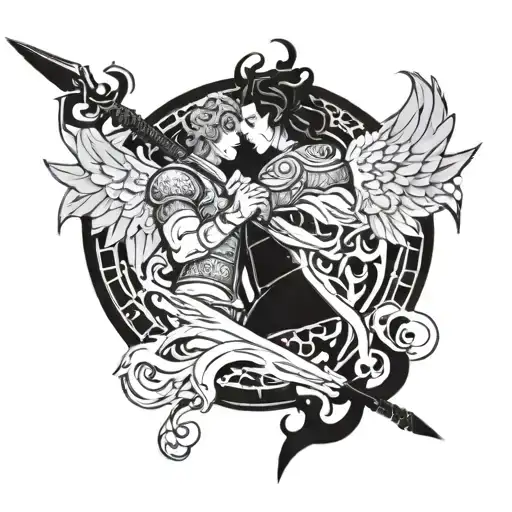 Angel and Demon Slayer water breathing sword surrounded tattoo design idea