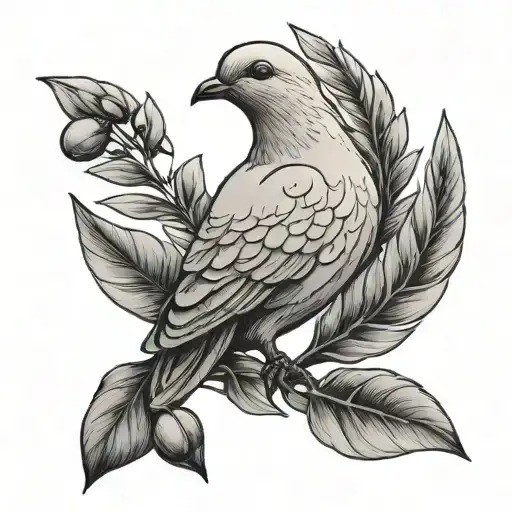 A black and grey tattoo of a dove carrying an olive branch, symbolizing peace and faith in Nossa Senhora Aparecida tattoo design idea