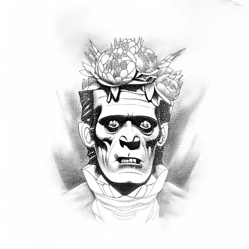 frankenstein and peonies tattoo design idea