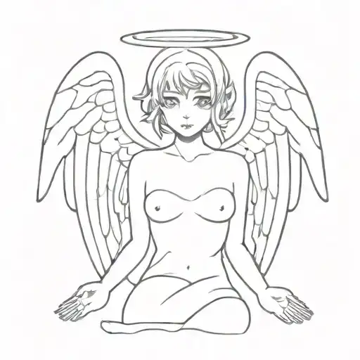 anime female angel with wings and with hands spread tattoo design idea