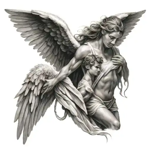 angel male protects a woman with his wings wrapped round tattoo design idea