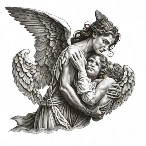 angel male protects a woman with his wings tattoo design idea