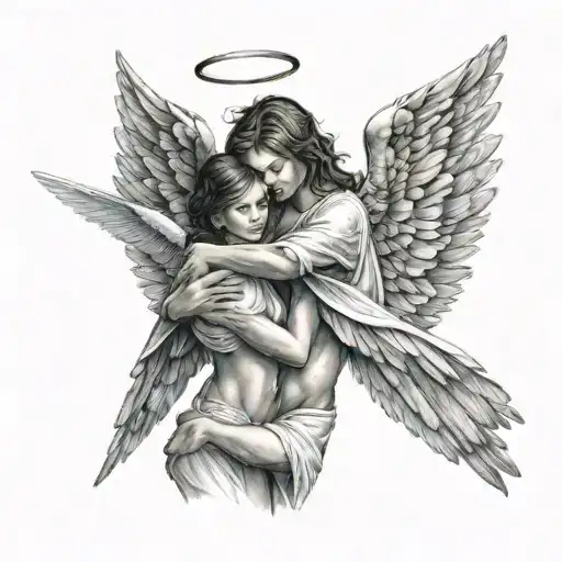 angel protects a girl with his wings wrapped round tattoo design idea
