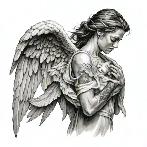 angel protects a woman with his wings wrapped round tattoo design idea
