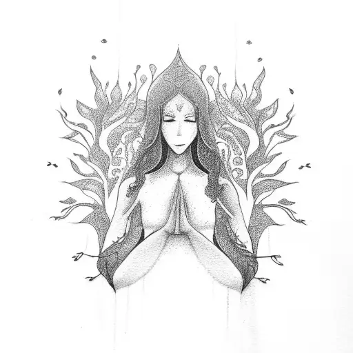 a minimalist tattoo design shaped as a lady figure in lotus pose and hair as tree branches tattoo design idea
