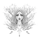 a minimalist tattoo design shaped as a lady figure in lotus pose and hair as tree branches tattoo design idea