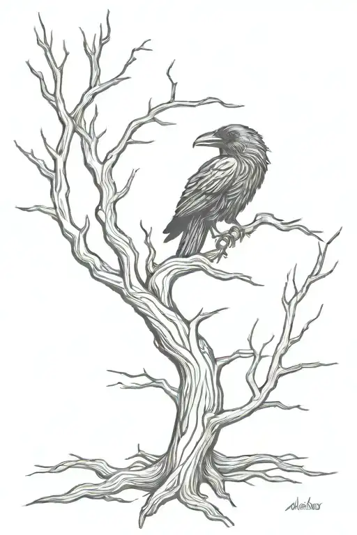 raven in a dead forest scene with celtic symbols incorporated tattoo design idea