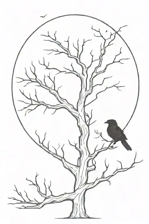 dead tree and a raven flying tattoo design idea