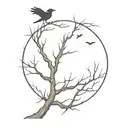 dead tree and a raven flying tattoo design idea