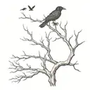 dead tree and a raven flying tattoo design idea