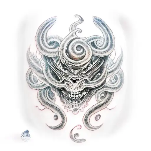 sleeve tattoo tenticle monster with one blue eye. elder god from the soul reaver games holding the soul reaver sword tattoo design idea