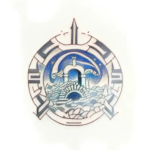 forearm tattoo with a Greek temple around a VII logo, i want 3 poker cards, the moon, a palm, maya pyramide tattoo design idea