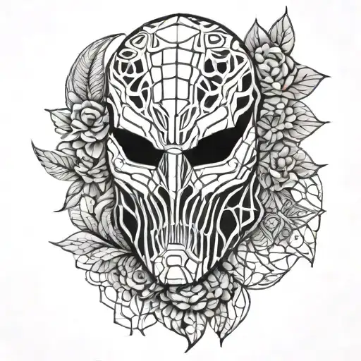 predator mask on with flower of life background sleeve tattoo design idea