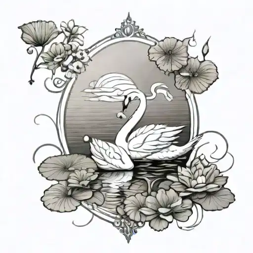 art deco swans, mirror image, lily pads tattoo design idea
