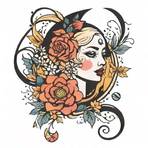 joan miro inspired featuring moon, flowers blonde female  tattoo design idea