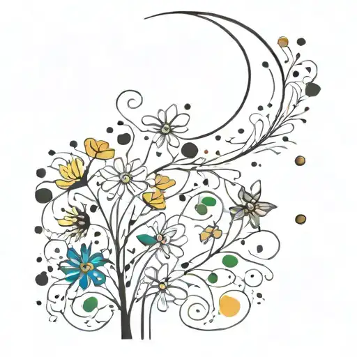 joan miro inspired featuring moon, flowers blonde female  tattoo design idea